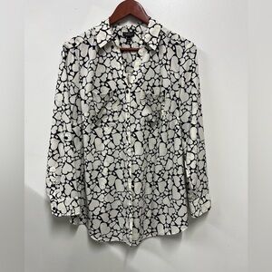 TALBOTS Nantucket Blouse Navy & White Hearts women’s Large Long Sleeve Button-up